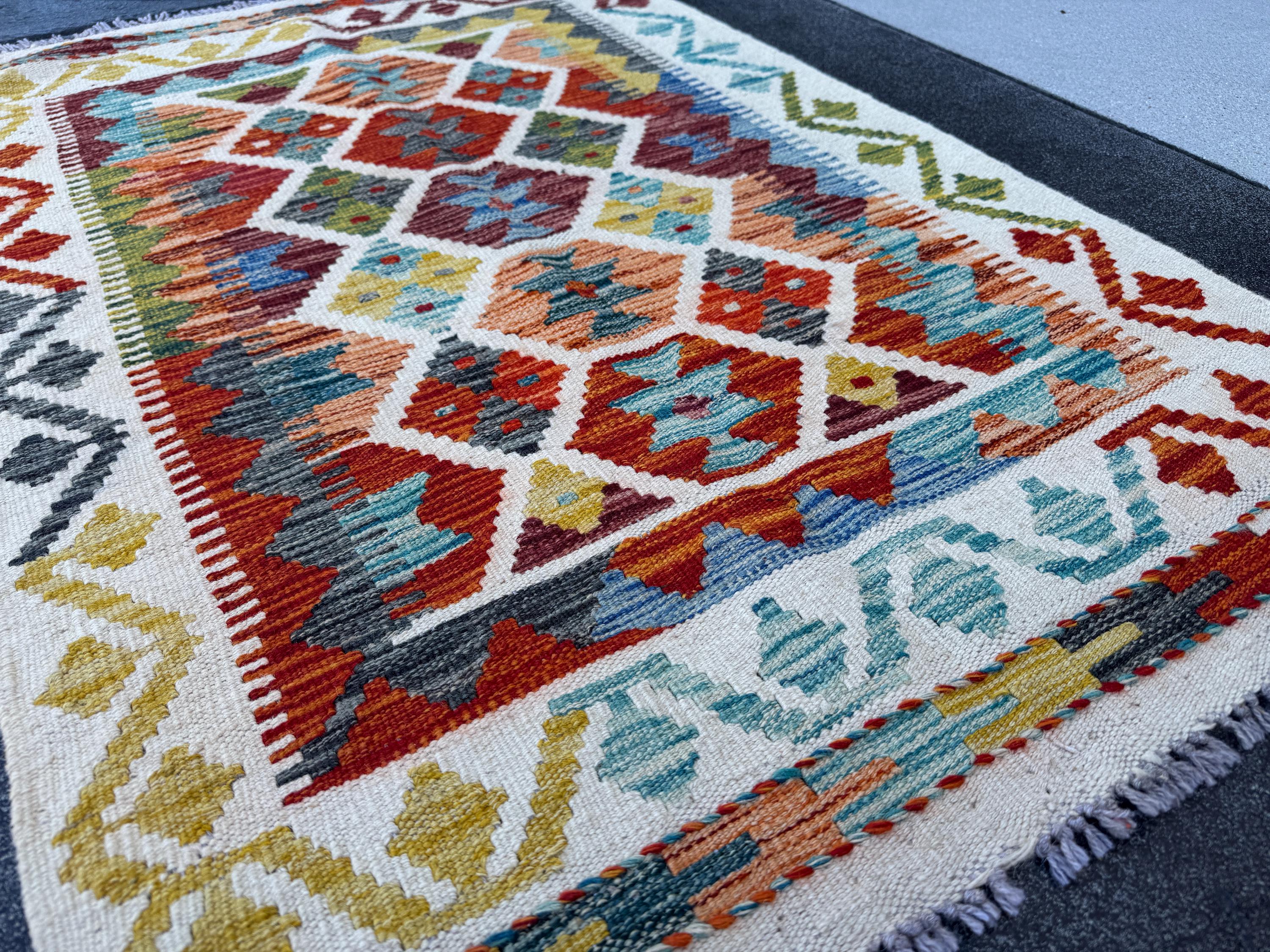 3x4 Handmade Afghan Kilim Rug | Rust Red Teal Aqua Sky Blue Mustard Gold Olive Green Plum Wine Charcoal Grey Cream White | Wool Flatwoven