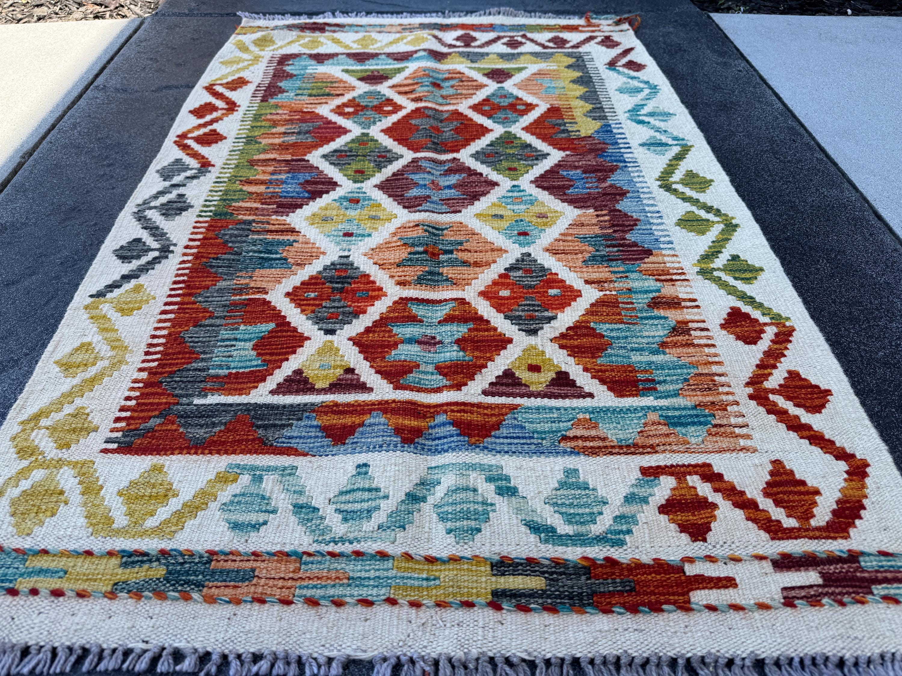3x4 Handmade Afghan Kilim Rug | Rust Red Teal Aqua Sky Blue Mustard Gold Olive Green Plum Wine Charcoal Grey Cream White | Wool Flatwoven
