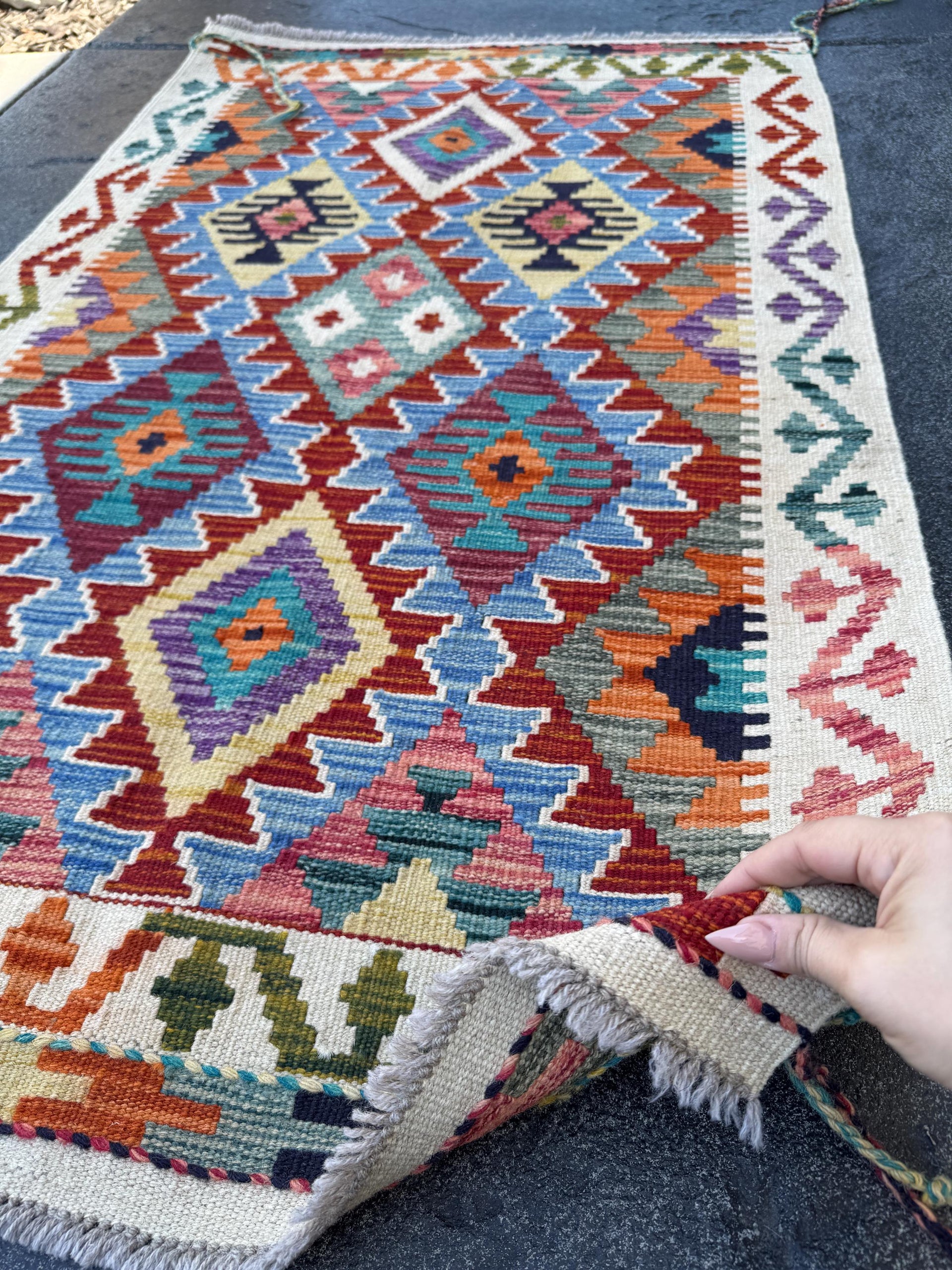 3x5 (91x152) Handmade Afghan Kilim Rug | Brick Red Sky Blue Teal Green Mustard Olive Navy Cream Plum Lavender Burnt Orange | Wool Flatwoven