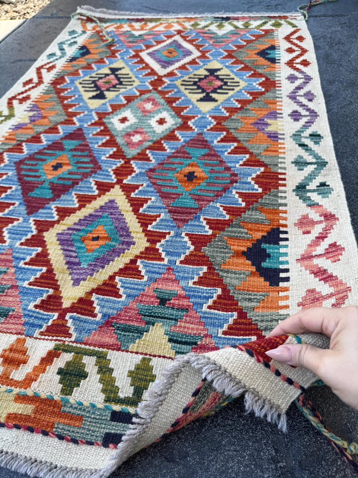 3x5 (91x152) Handmade Afghan Kilim Rug | Brick Red Sky Blue Teal Green Mustard Olive Navy Cream Plum Lavender Burnt Orange | Wool Flatwoven