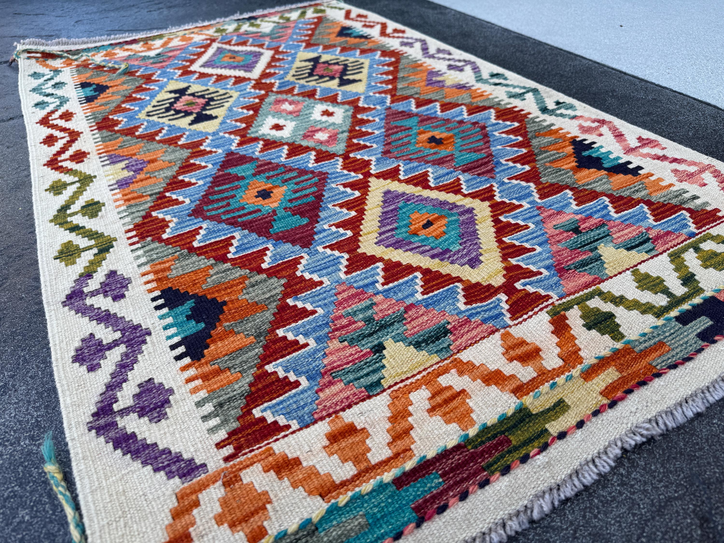 3x5 (91x152) Handmade Afghan Kilim Rug | Brick Red Sky Blue Teal Green Mustard Olive Navy Cream Plum Lavender Burnt Orange | Wool Flatwoven