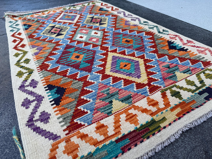 3x5 (91x152) Handmade Afghan Kilim Rug | Brick Red Sky Blue Teal Green Mustard Olive Navy Cream Plum Lavender Burnt Orange | Wool Flatwoven