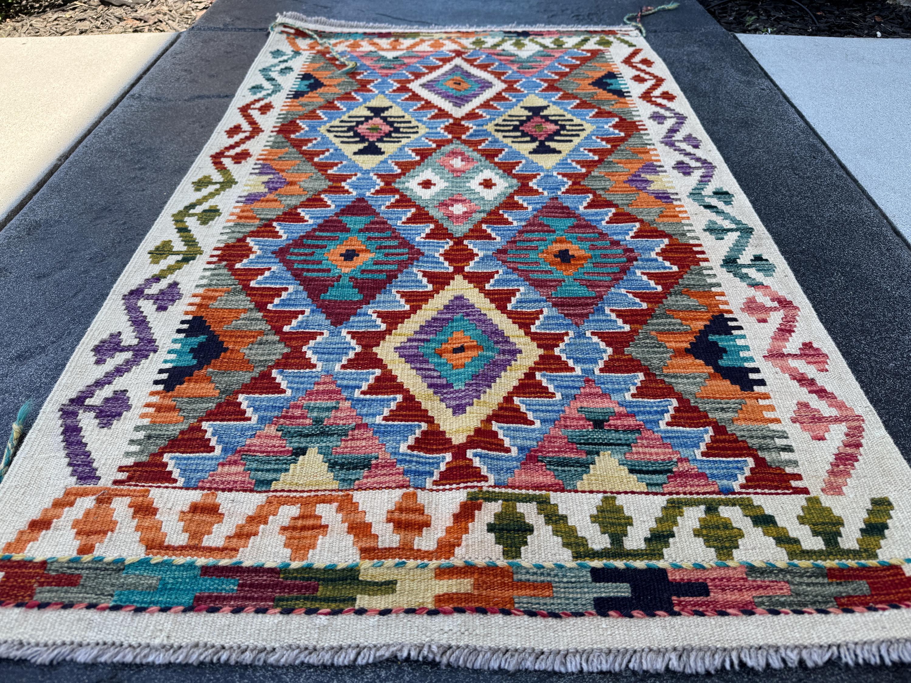 3x5 (91x152) Handmade Afghan Kilim Rug | Brick Red Sky Blue Teal Green Mustard Olive Navy Cream Plum Lavender Burnt Orange | Wool Flatwoven