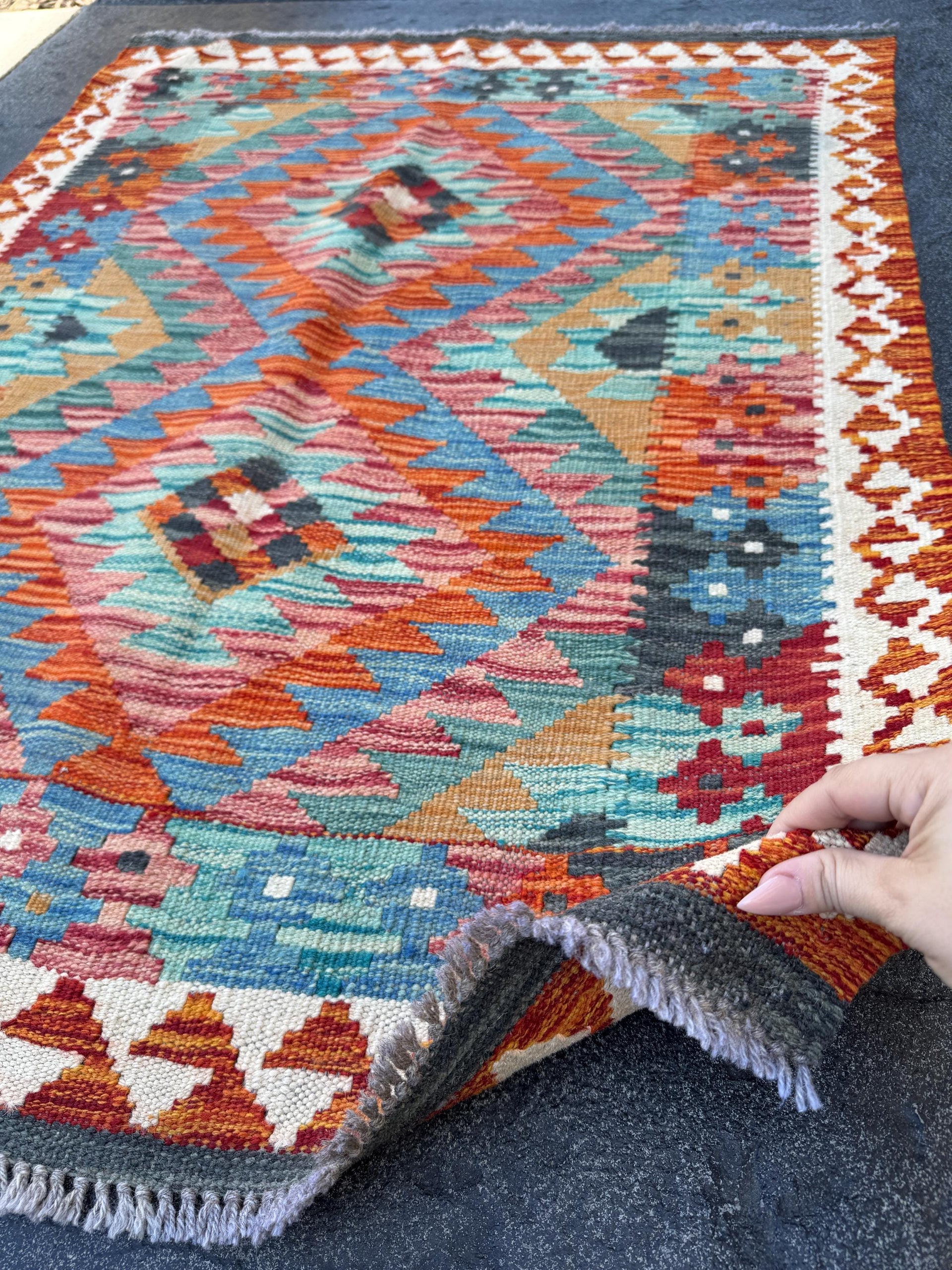 3x4 Handmade Afghan Kilim Rug | Burnt Orange Teal Aqua Turquoise Denim Blue Navy Beige Mustard Rust Red Plum Mauve Charcoal White | Wool
