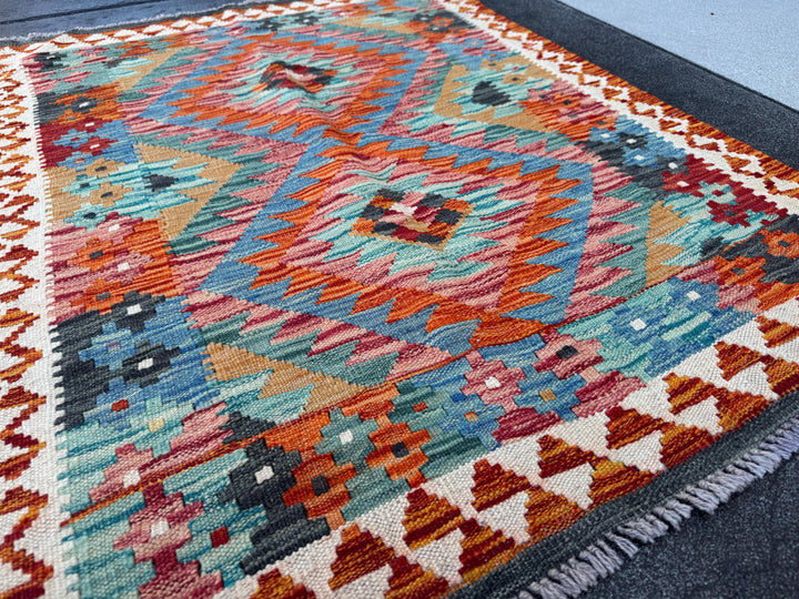 3x4 Handmade Afghan Kilim Rug | Burnt Orange Teal Aqua Turquoise Denim Blue Navy Beige Mustard Rust Red Plum Mauve Charcoal White | Wool