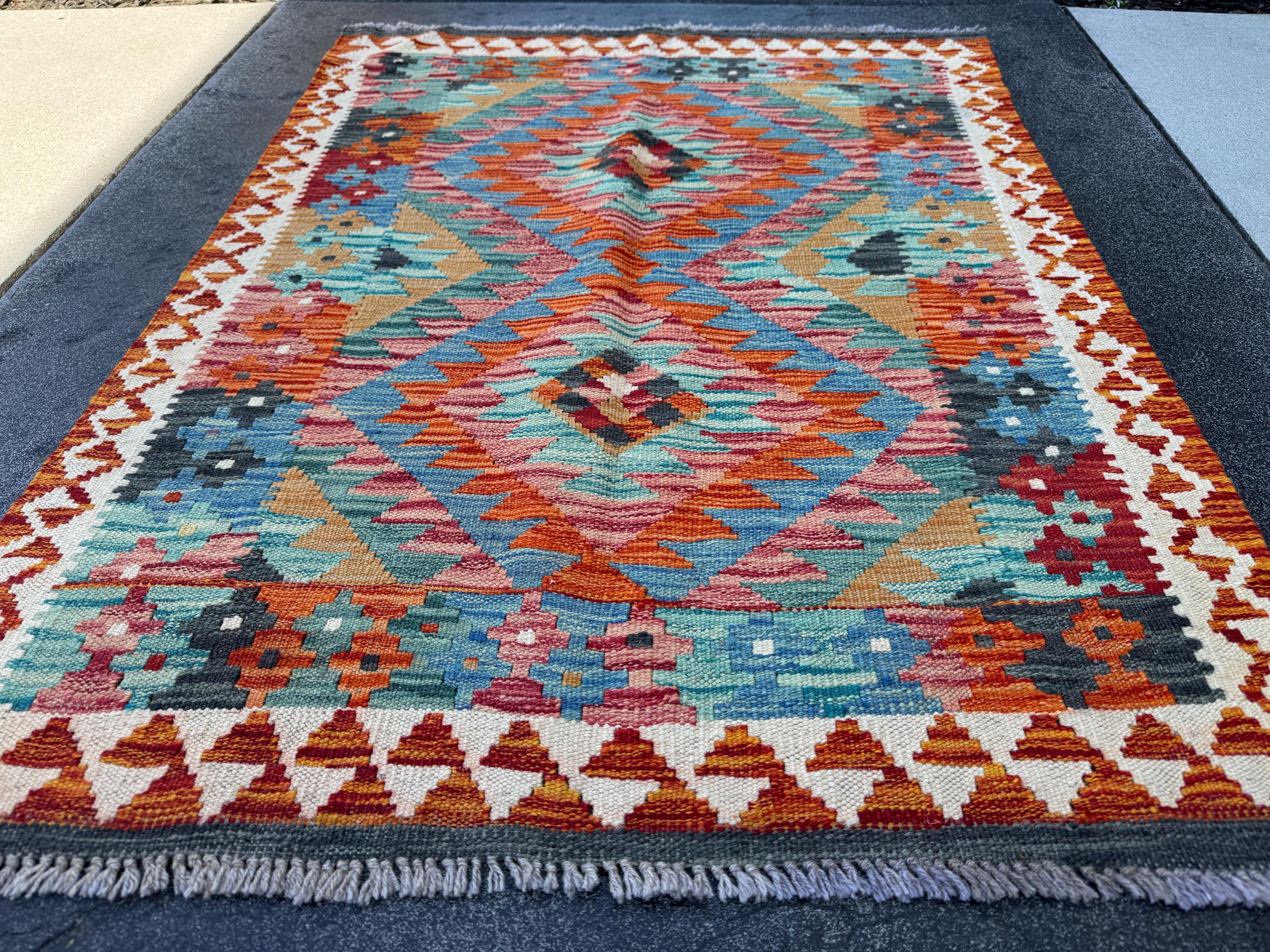 3x4 Handmade Afghan Kilim Rug | Burnt Orange Teal Aqua Turquoise Denim Blue Navy Beige Mustard Rust Red Plum Mauve Charcoal White | Wool