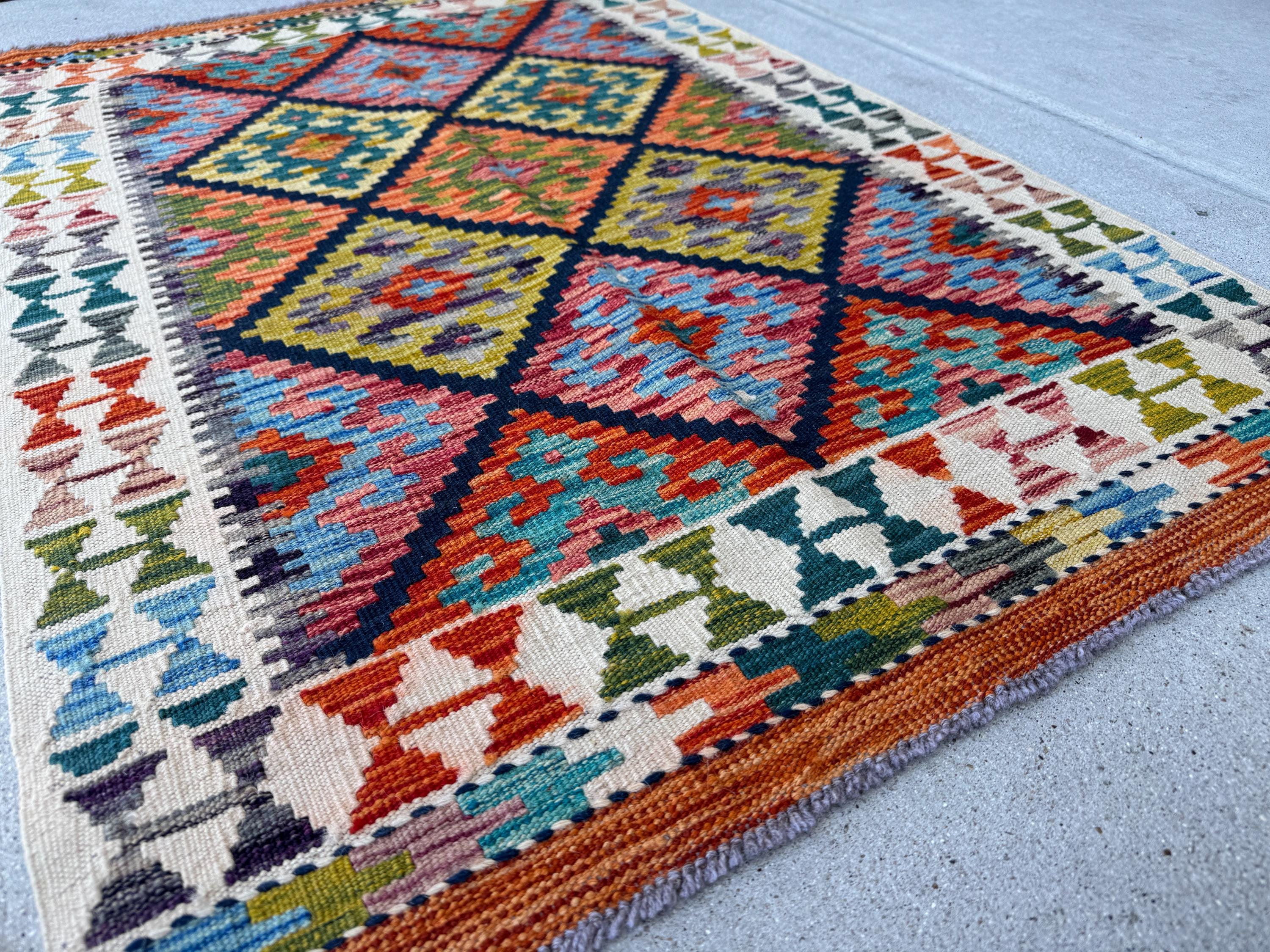 3x4 Handmade Afghan Kilim Rug | Navy Blue Gold Coral Red Teal Aqua Mint Sky Blue Olive Moss Green Lavender Burnt Orange Rust Charcoal Cream