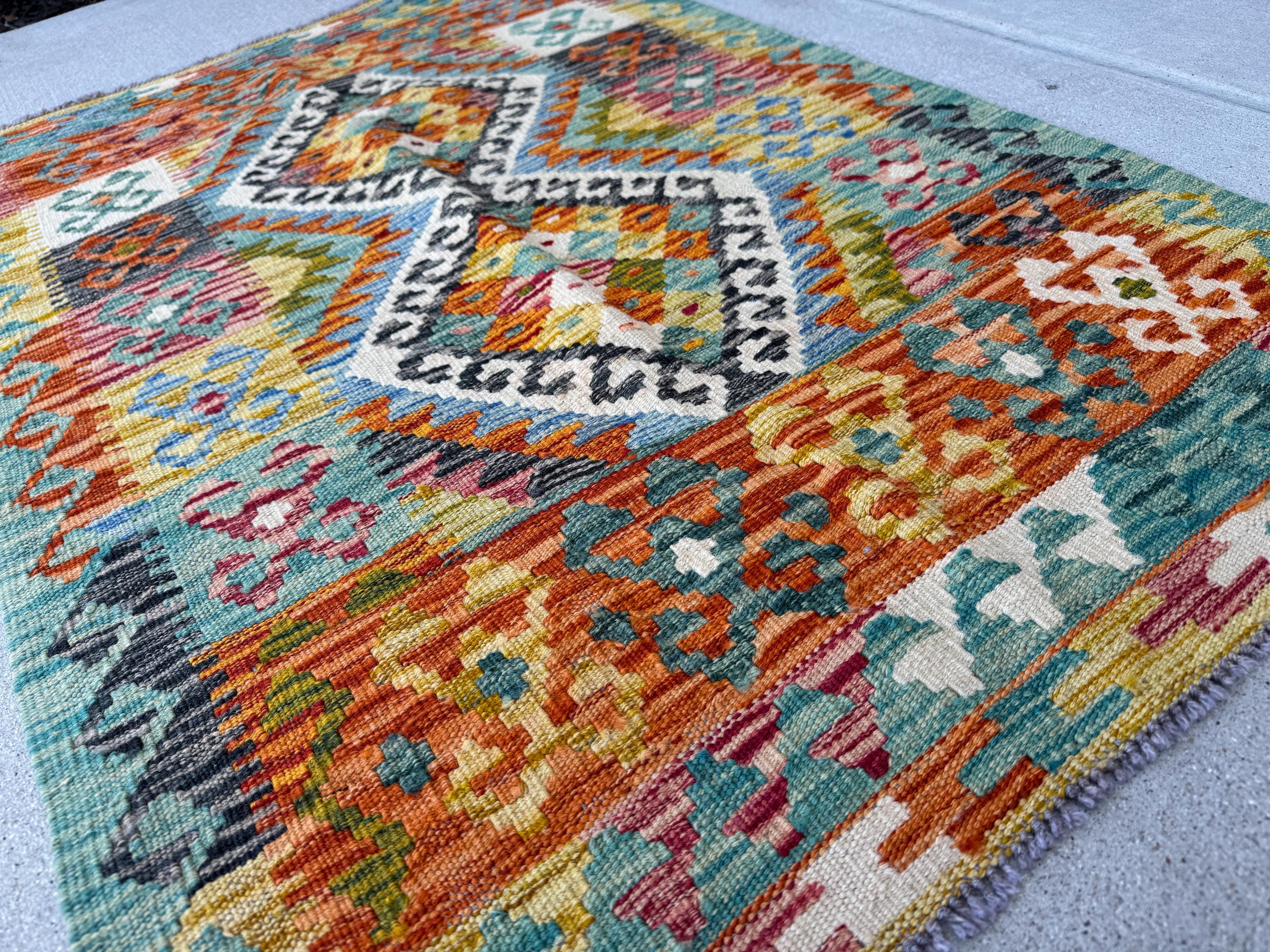3x4 Handmade Afghan Kilim Rug | Burnt Orange Teal Aqua Mustard Goldenrod Cream White Forest Green Plum Wine Black Charcoal Grey | Flatwoven