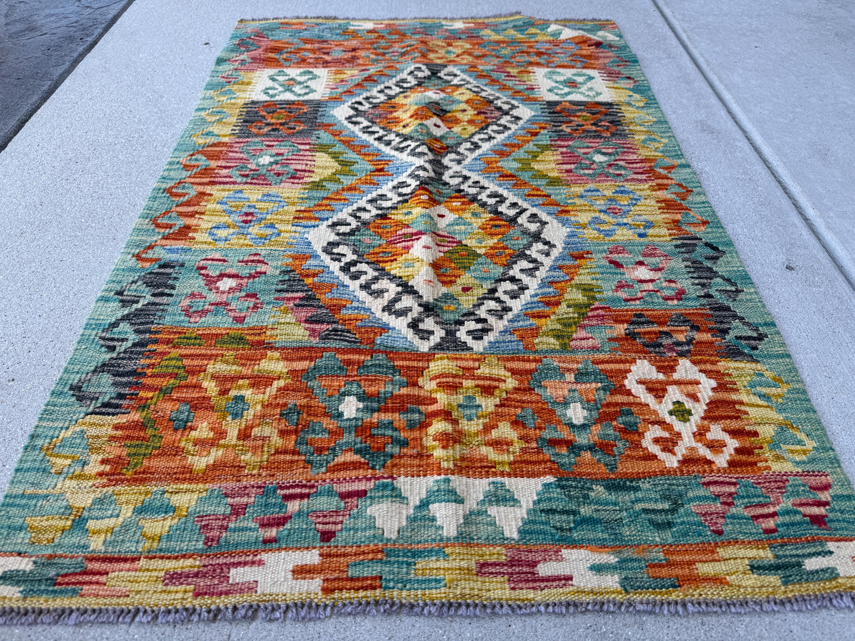 3x4 Handmade Afghan Kilim Rug | Burnt Orange Teal Aqua Mustard Goldenrod Cream White Forest Green Plum Wine Black Charcoal Grey | Flatwoven