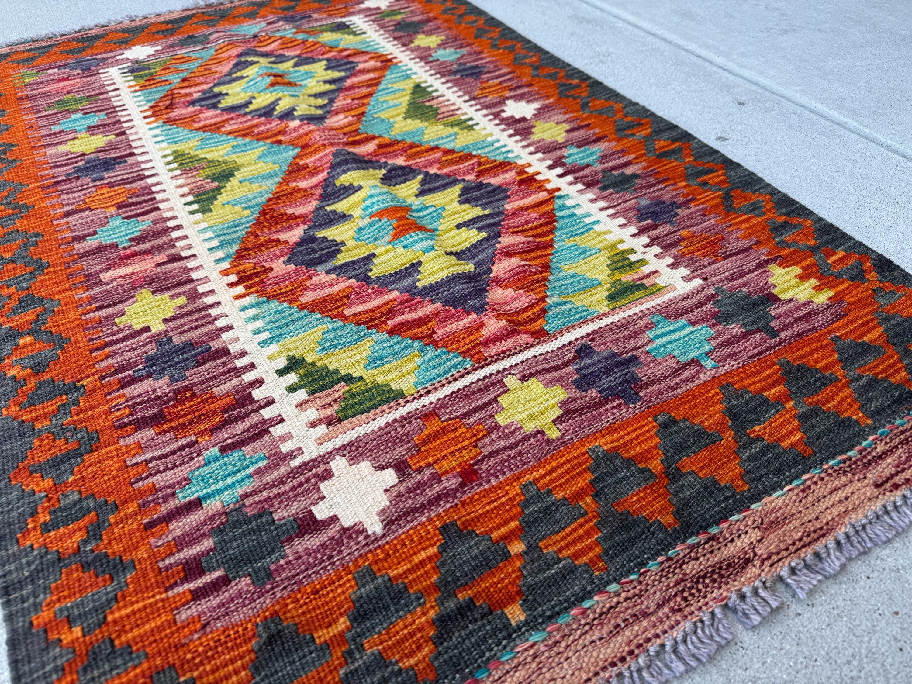 3x4 Handmade Afghan Kilim Rug | Cream Sand Teal Aqua Mint Blue Navy Olive Moss Red Orange Copper Gold Plum Mauve Grey | Wool Flatwoven
