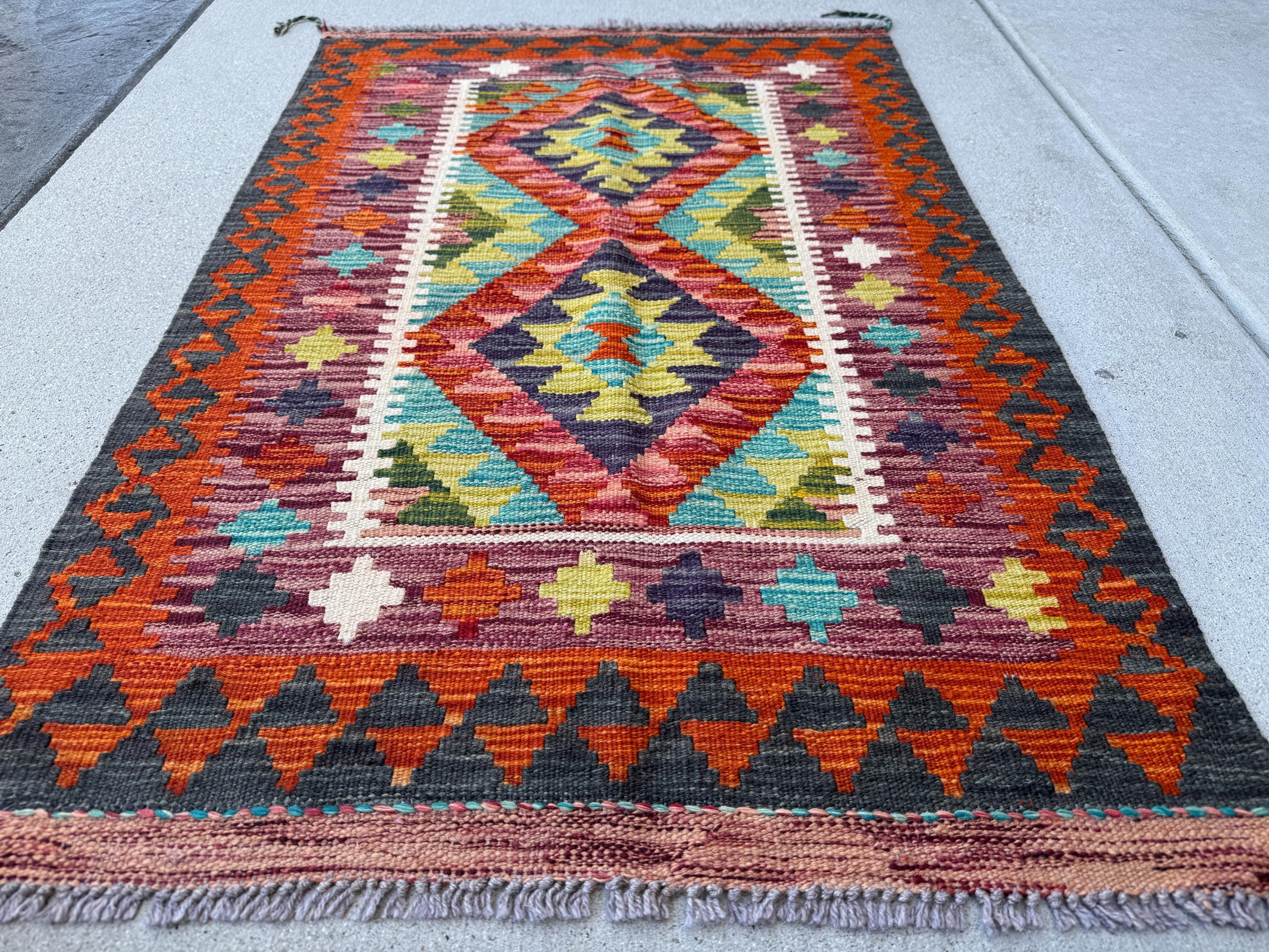 3x4 Handmade Afghan Kilim Rug | Cream Sand Teal Aqua Mint Blue Navy Olive Moss Red Orange Copper Gold Plum Mauve Grey | Wool Flatwoven