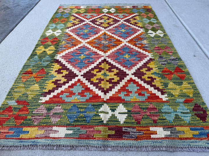 3x4 Handmade Afghan Kilim Rug | Olive, Moss, Cream, Sand, Teal, Aqua, Blue, Navy, Red, Orange, Copper, Gold, Plum, Mauve, Grey | Wool