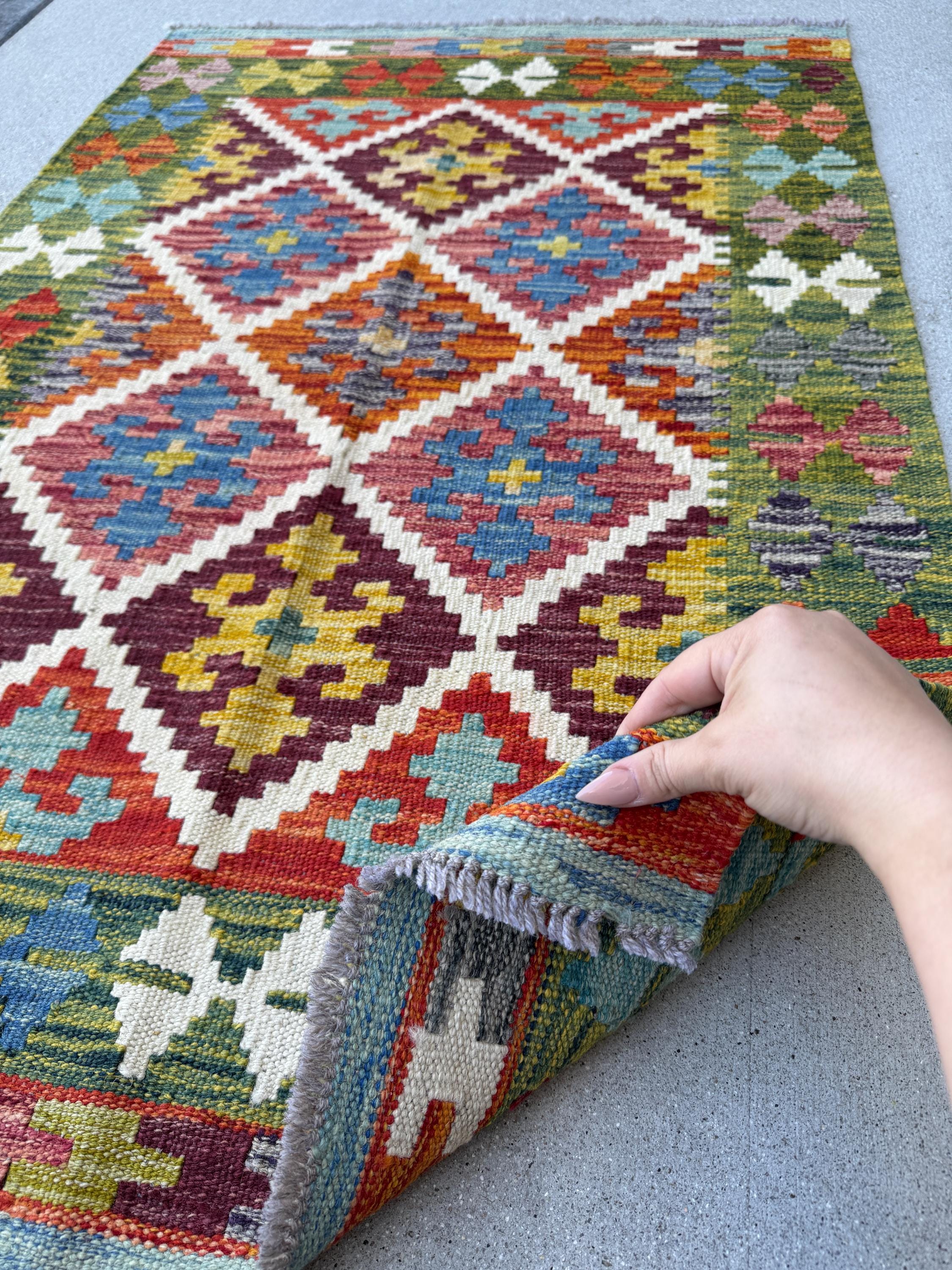 3x4 Handmade Afghan Kilim Rug | Olive, Moss, Cream, Sand, Teal, Aqua, Blue, Navy, Red, Orange, Copper, Gold, Plum, Mauve, Grey | Wool
