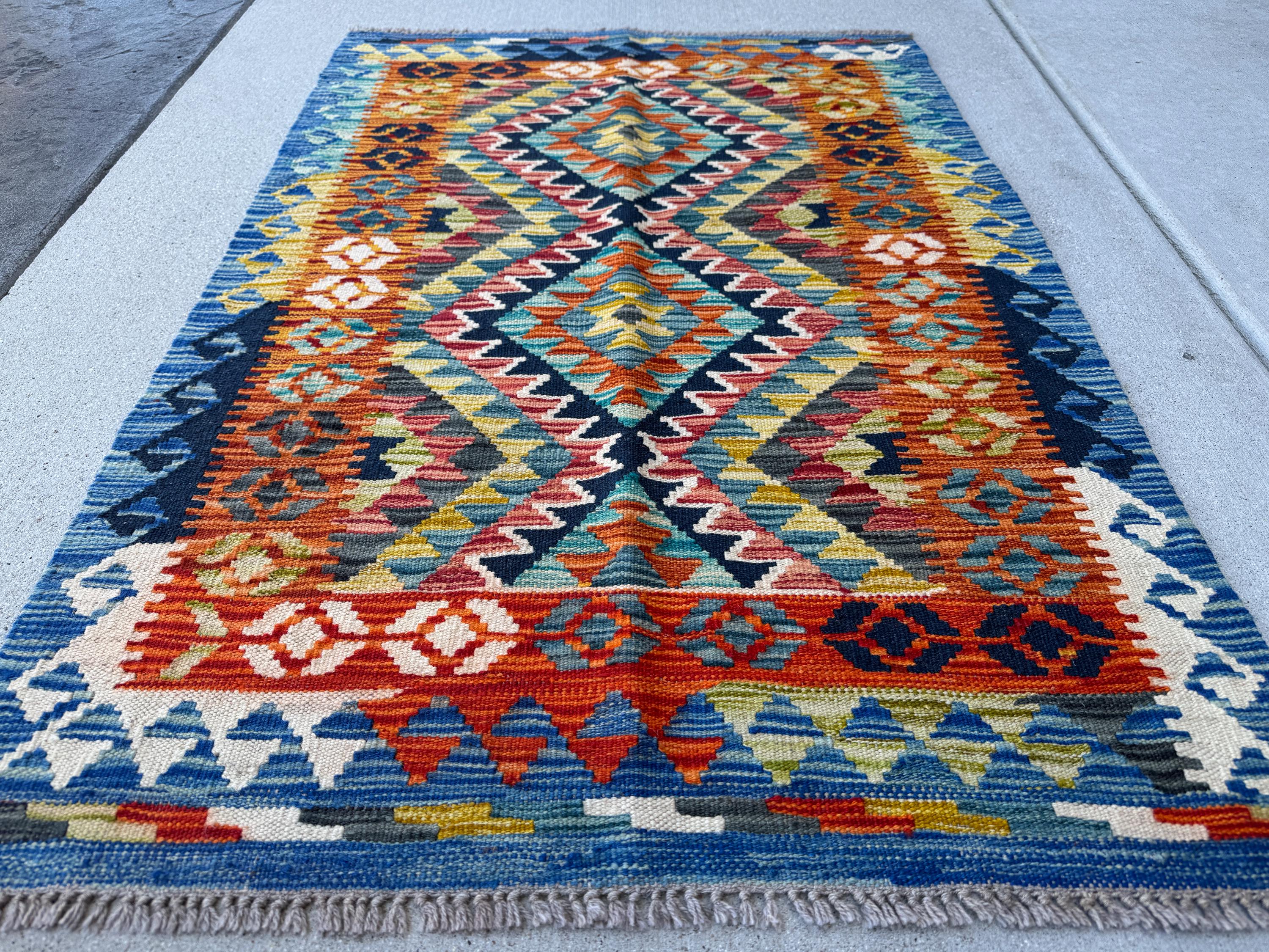 3x4 Handmade Afghan Kilim Rug | Rust Orange Navy Aqua Blue Teal Gold Olive Green Cream Sand Plum Mauve Grey | Wool Flatwoven