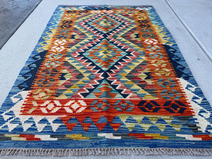 3x4 Handmade Afghan Kilim Rug | Rust Orange Navy Aqua Blue Teal Gold Olive Green Cream Sand Plum Mauve Grey | Wool Flatwoven
