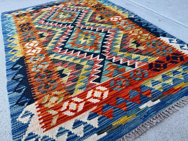 3x4 Handmade Afghan Kilim Rug | Rust Orange Navy Aqua Blue Teal Gold Olive Green Cream Sand Plum Mauve Grey | Wool Flatwoven