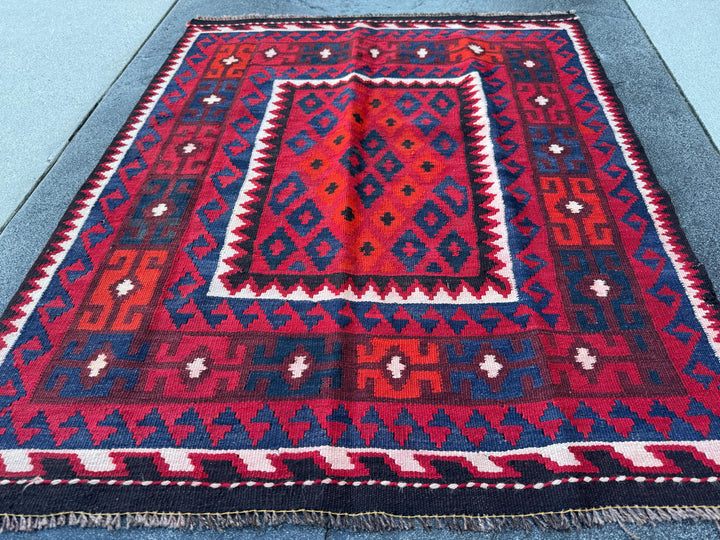 3x4 Handmade Afghan Kilim Rug | Red Navy Burgundy Blue Orange White Black | Wool Flatwoven