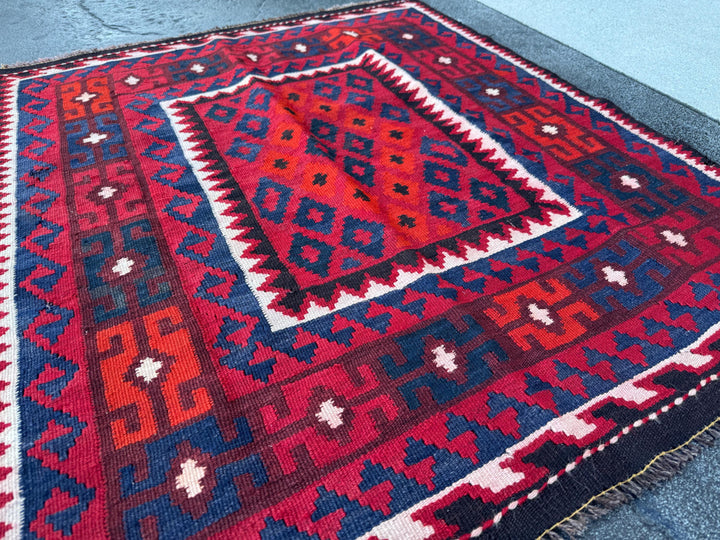 3x4 Handmade Afghan Kilim Rug | Red Navy Burgundy Blue Orange White Black | Wool Flatwoven