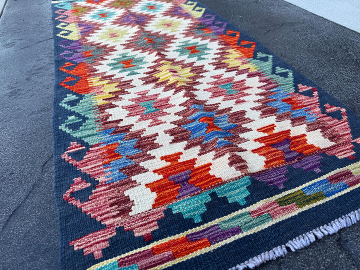 2x5 Handmade Afghan Kilim Runner Rug | Cream Sand Navy Red Orange Blue Teal Aqua Olive Moss Copper Gold Plum Mauve Grey | Wool Flatwoven