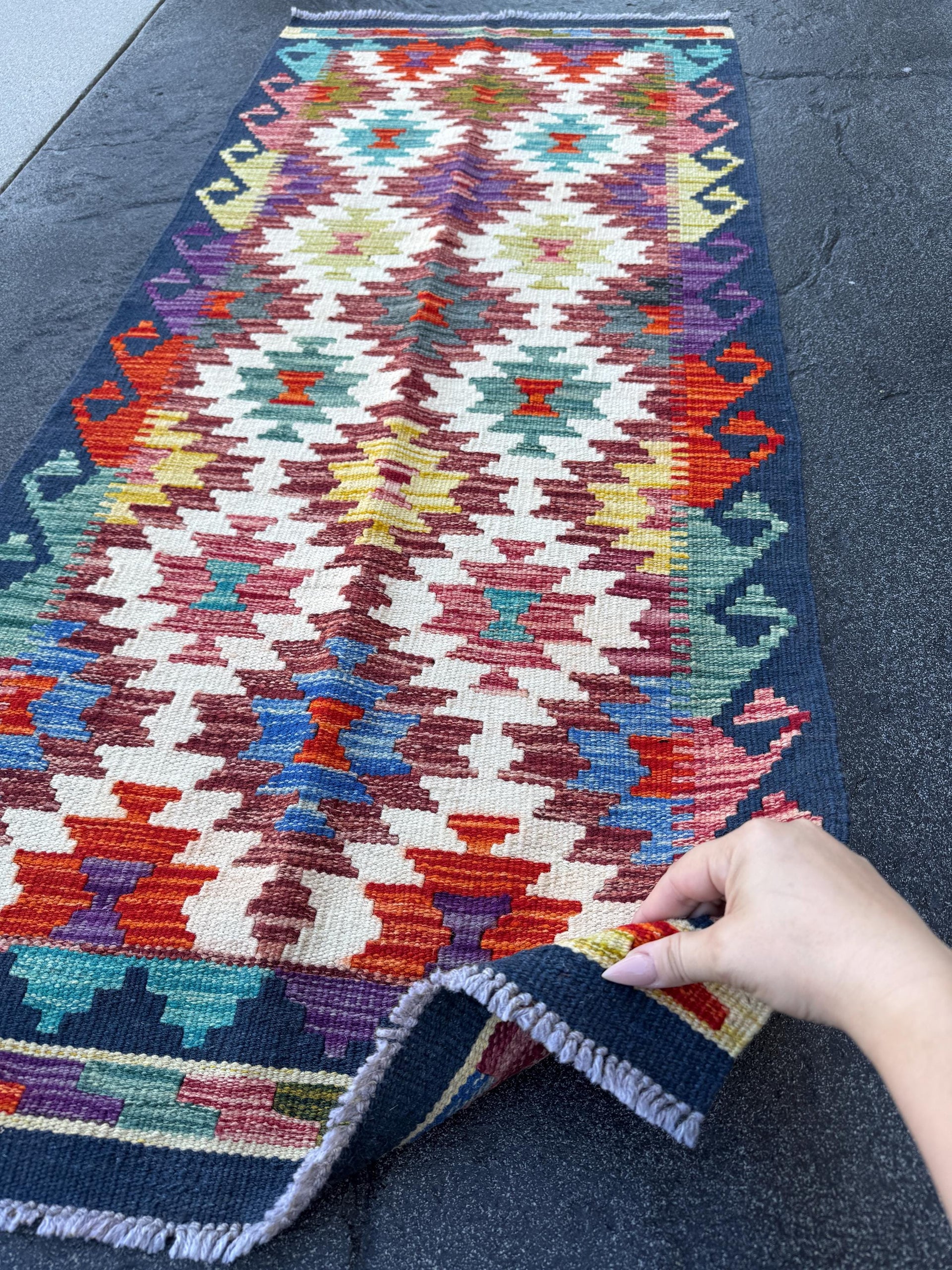 2x5 Handmade Afghan Kilim Runner Rug | Cream Sand Navy Red Orange Blue Teal Aqua Olive Moss Copper Gold Plum Mauve Grey | Wool Flatwoven
