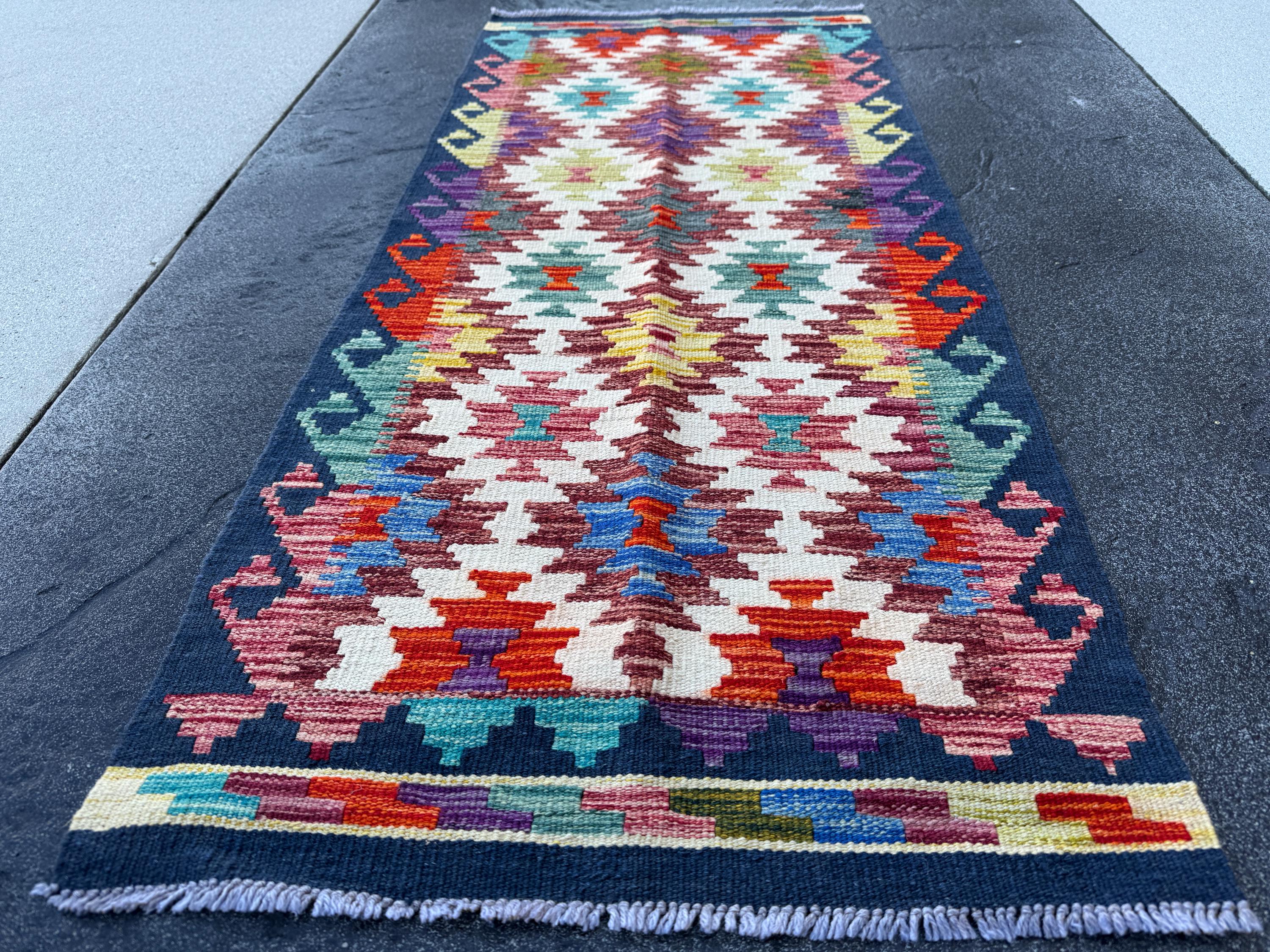 2x5 Handmade Afghan Kilim Runner Rug | Cream Sand Navy Red Orange Blue Teal Aqua Olive Moss Copper Gold Plum Mauve Grey | Wool Flatwoven