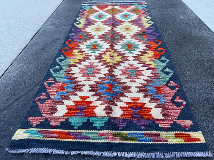 2x5 Handmade Afghan Kilim Runner Rug | Cream Sand Navy Red Orange Blue Teal Aqua Olive Moss Copper Gold Plum Mauve Grey | Wool Flatwoven