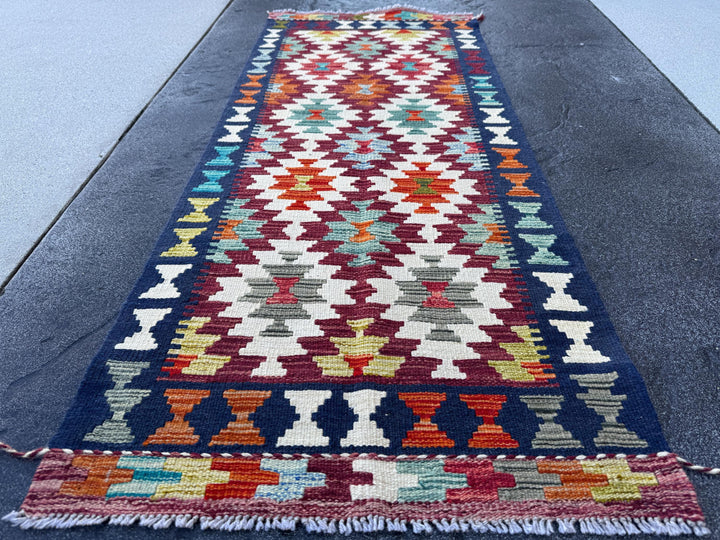 2x5 Handmade Afghan Kilim Runner Rug | Navy Blue Cream Red Orange Aqua Teal Mint Olive Moss Gold Copper Plum Mauve Grey | Wool Flatwoven