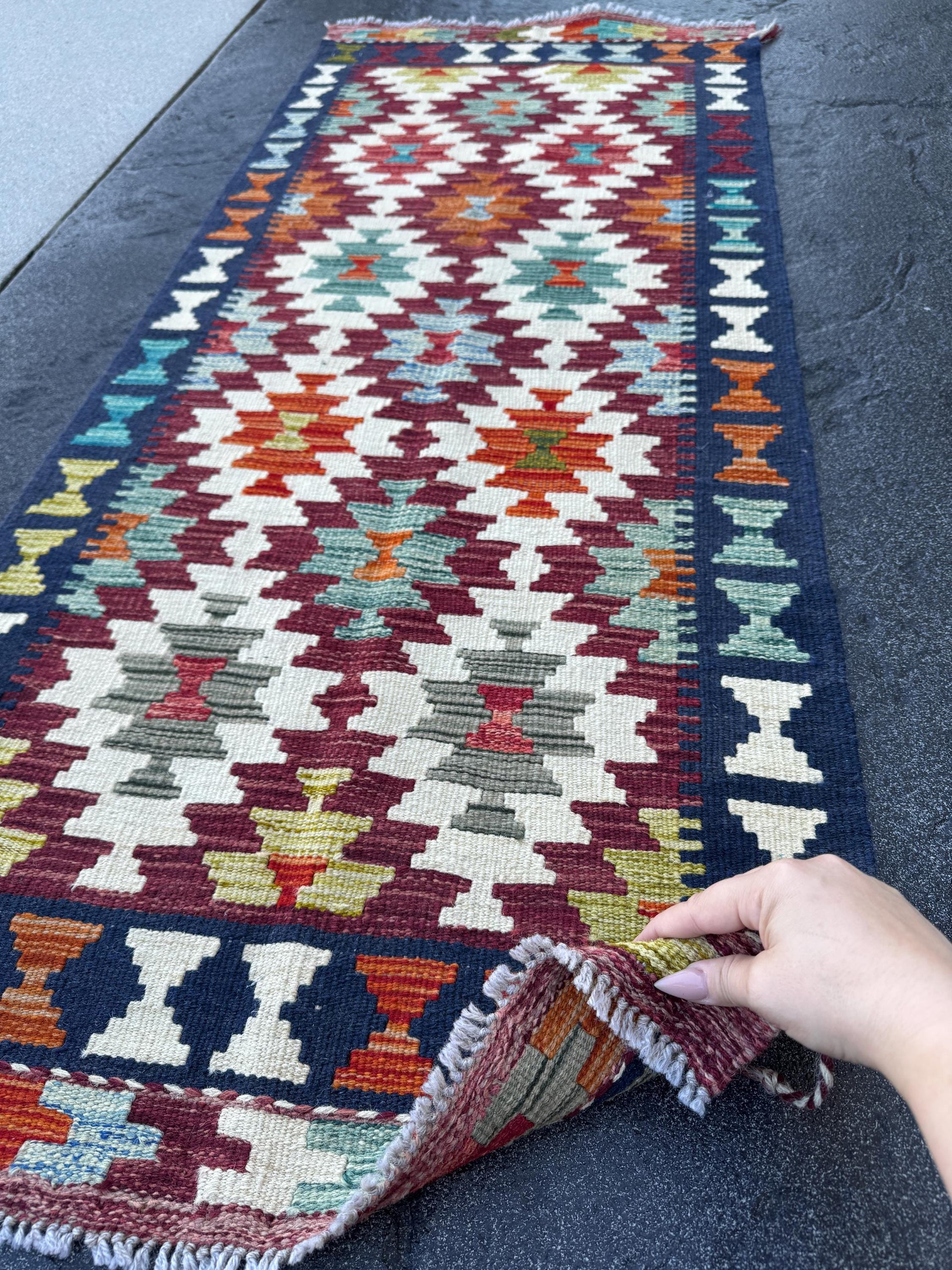 2x5 Handmade Afghan Kilim Runner Rug | Navy Blue Cream Red Orange Aqua Teal Mint Olive Moss Gold Copper Plum Mauve Grey | Wool Flatwoven
