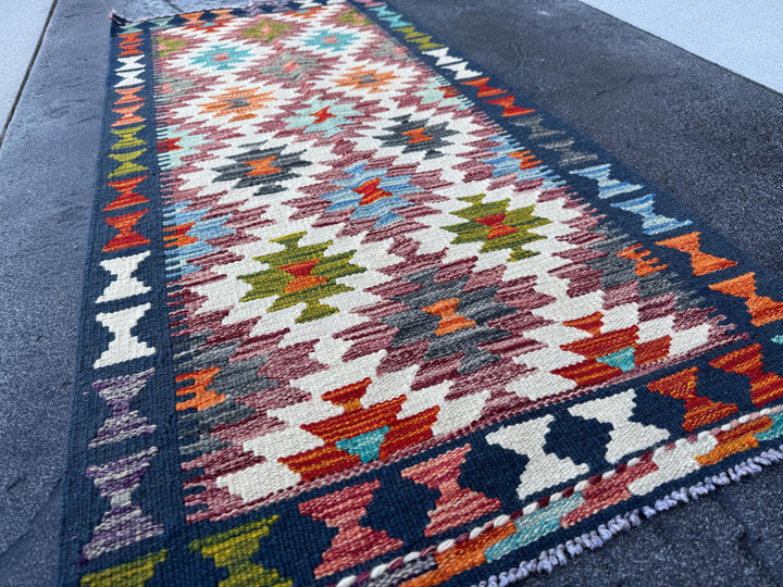 2x5 Handmade Afghan Kilim Runner Rug | Cream Burgundy Mauve Olive Green Forest Burnt Orange Rust Teal Aqua Turquoise Navy Blue Charcoal Grey