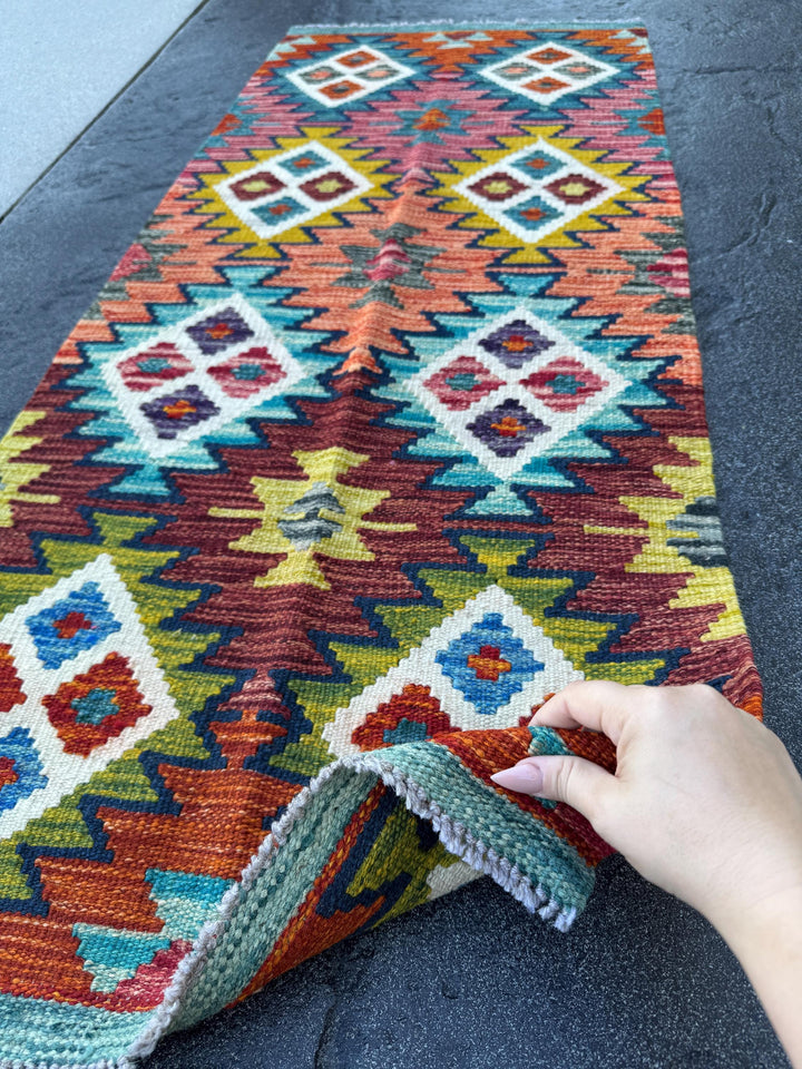 2x5 Handmade Afghan Kilim Runner Rug | Rust Red Teal Mustard Cream Navy Blue Turquoise Sky Blue Burnt Orange Olive Green Maroon Charcoal