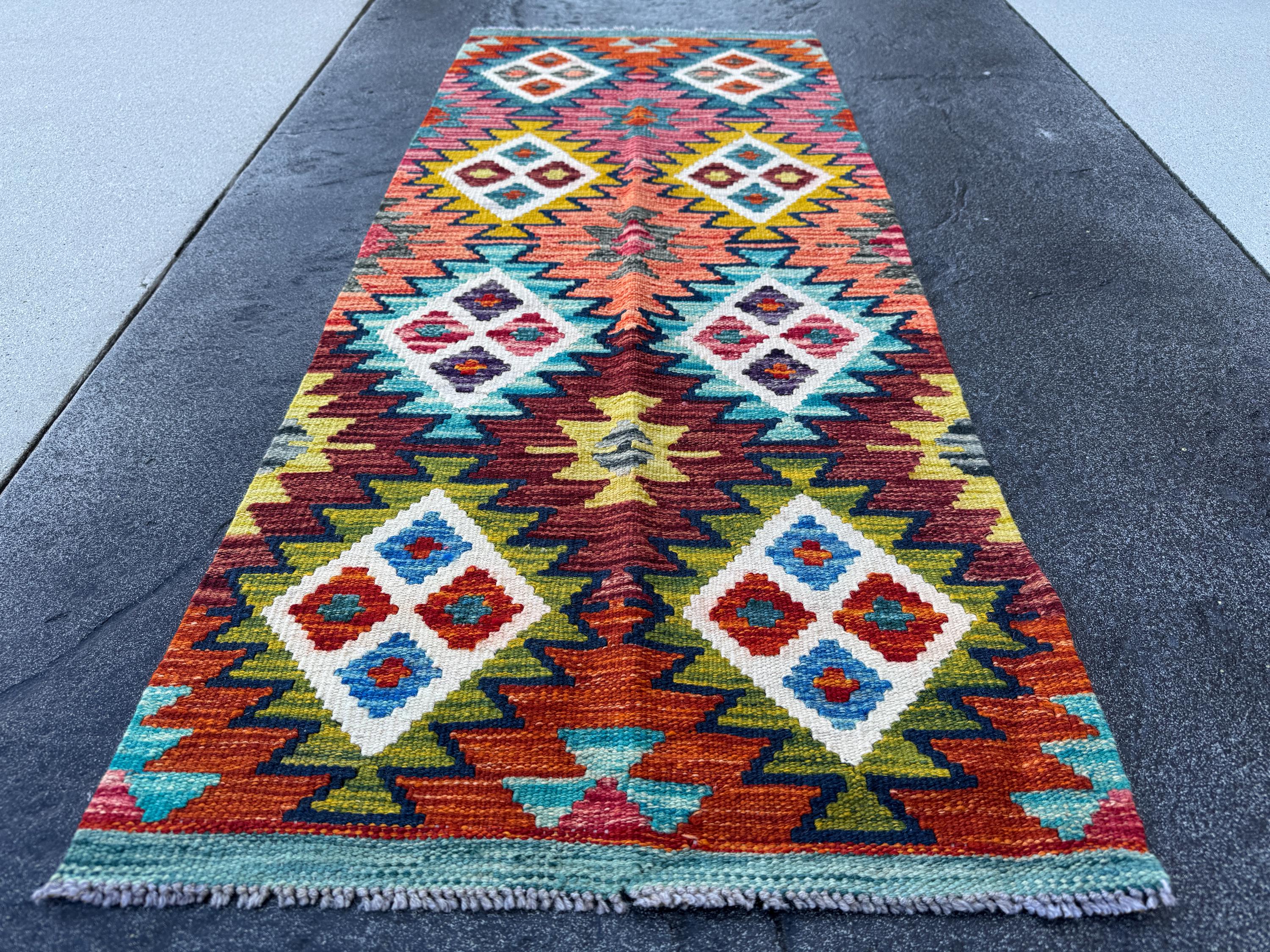 2x5 Handmade Afghan Kilim Runner Rug | Rust Red Teal Mustard Cream Navy Blue Turquoise Sky Blue Burnt Orange Olive Green Maroon Charcoal