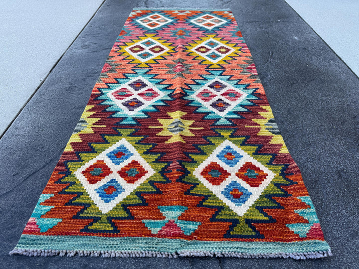 2x5 Handmade Afghan Kilim Runner Rug | Rust Red Teal Mustard Cream Navy Blue Turquoise Sky Blue Burnt Orange Olive Green Maroon Charcoal