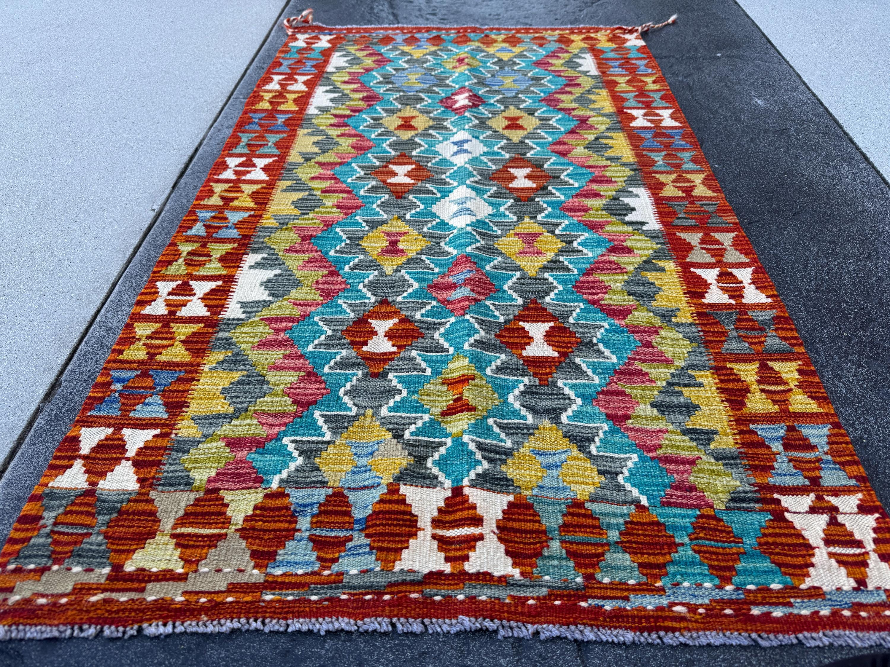 3x5 (91x152) Handmade Afghan Kilim Rug | Teal Turquoise Burnt Orange Mustard Yellow Olive Green Charcoal Grey White Rust Burgundy | Wool