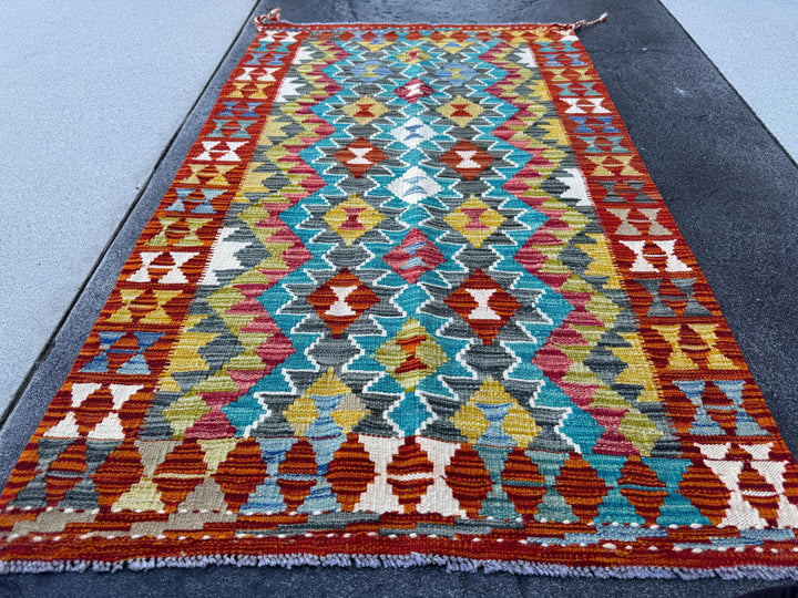 3x5 (91x152) Handmade Afghan Kilim Rug | Teal Turquoise Burnt Orange Mustard Yellow Olive Green Charcoal Grey White Rust Burgundy | Wool
