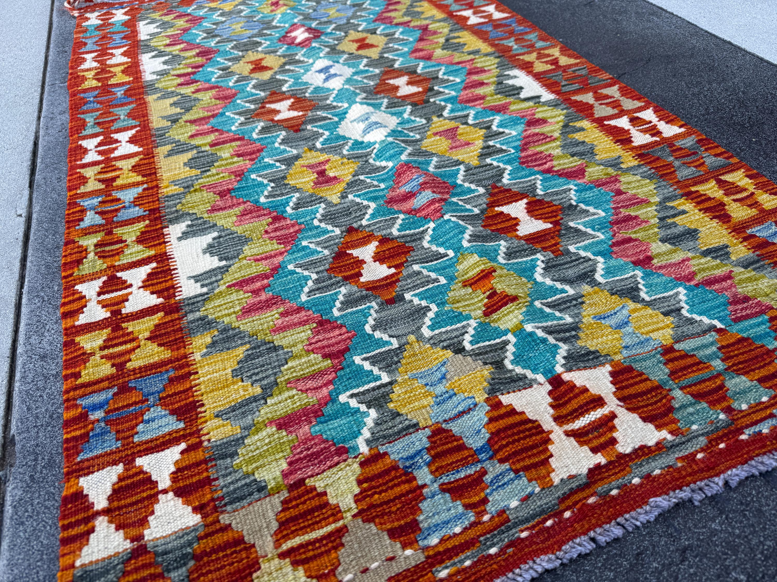 3x5 (91x152) Handmade Afghan Kilim Rug | Teal Turquoise Burnt Orange Mustard Yellow Olive Green Charcoal Grey White Rust Burgundy | Wool