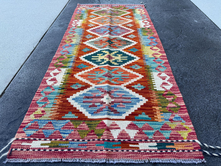 2x5 Handmade Afghan Kilim Runner Rug | Rust Red Burnt Orange Burgundy Mauve Teal Aqua Turquoise Olive Green Mustard Cream White | Wool