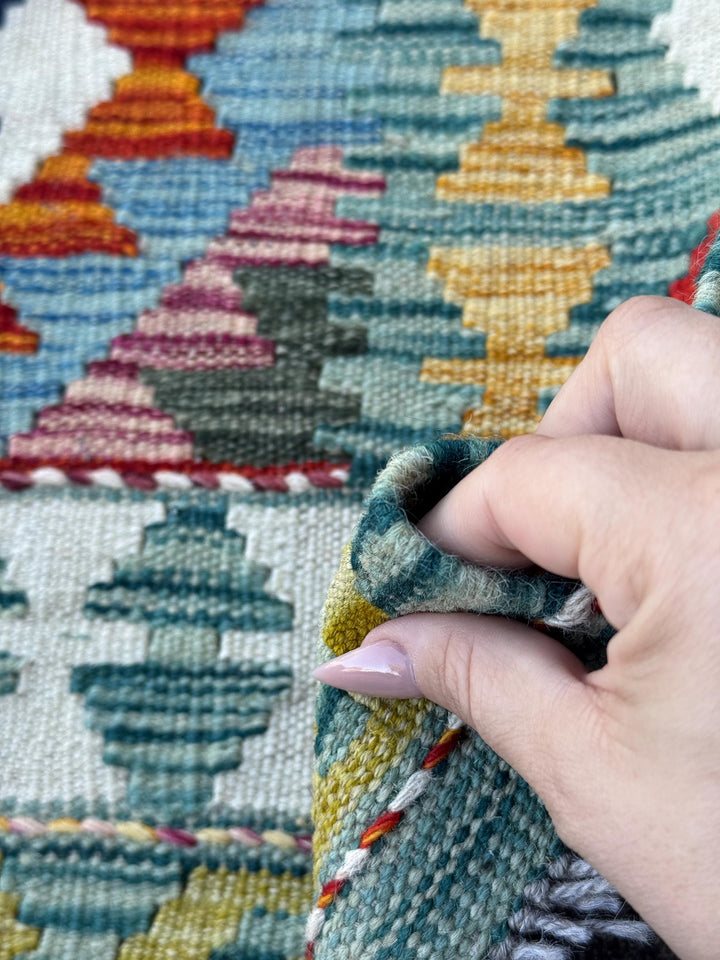 3x5 (91x152) Handmade Afghan Kilim Rug | Teal Aqua Burnt Orange Burgundy Mustard Yellow Mauve Cream White Forest Green Navy Blue | Wool
