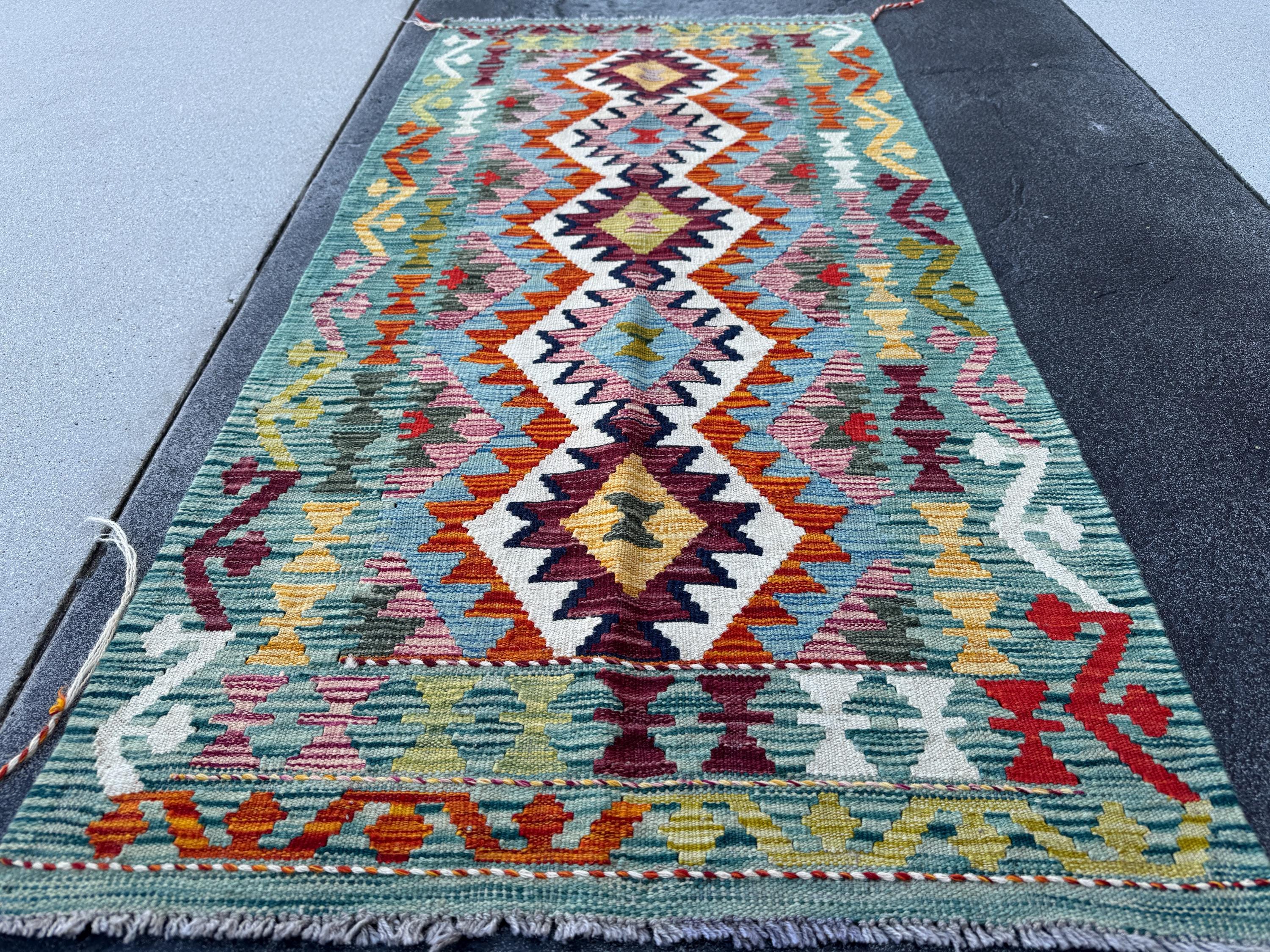 3x5 (91x152) Handmade Afghan Kilim Rug | Teal Aqua Burnt Orange Burgundy Mustard Yellow Mauve Cream White Forest Green Navy Blue | Wool