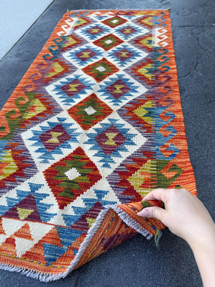2x5 Handmade Afghan Kilim Runner Rug | Burnt Orange Cream White Red Olive Green Navy Blue Teal Aqua Purple Mustard Yellow | Wool Flatwoven