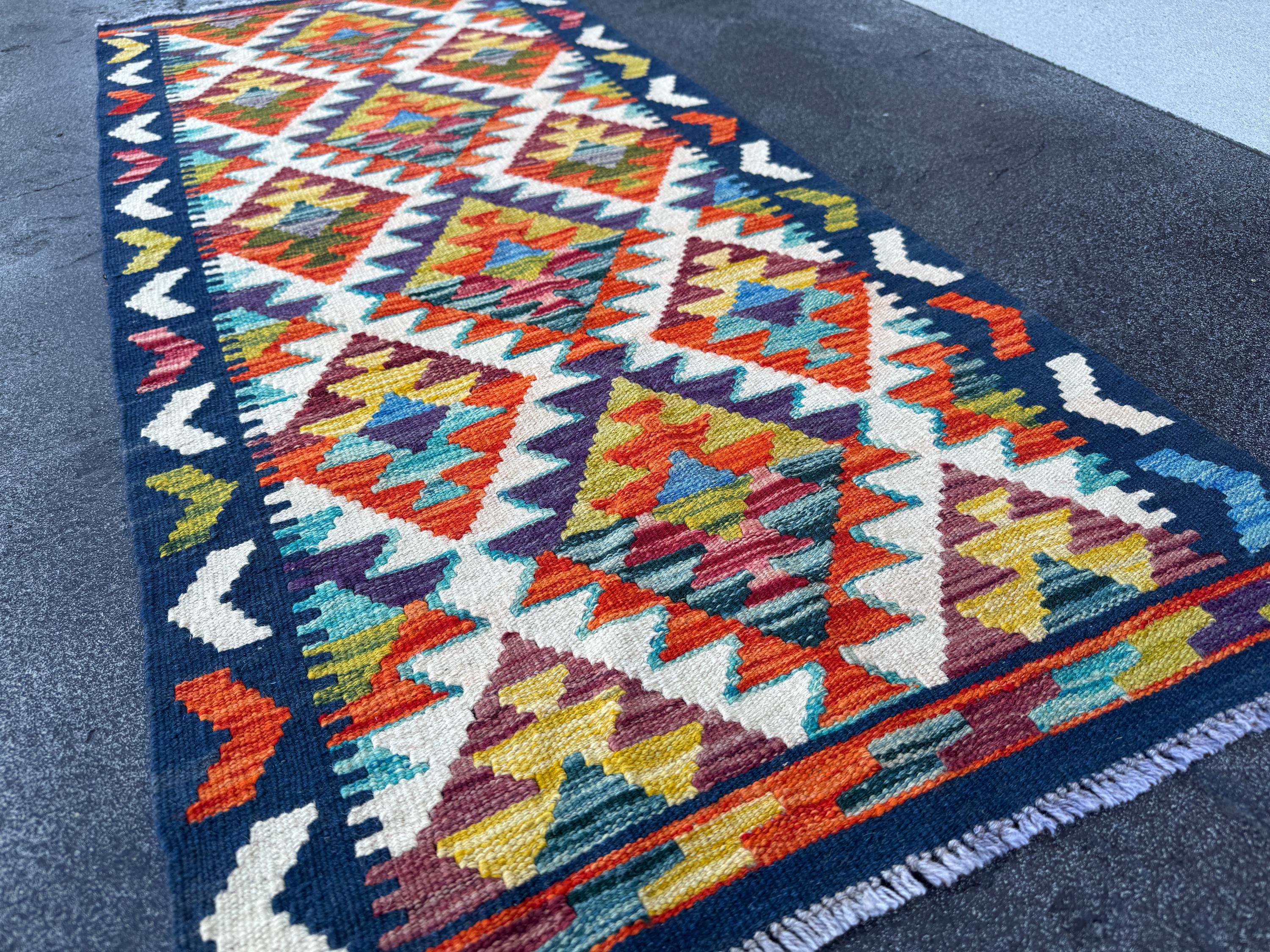 2x5 Handmade Afghan Kilim Runner Rug | Navy Blue Cream White Burnt Orange Rust Teal Aqua Turquoise Olive Green Burgundy Mauve Mustard Plum