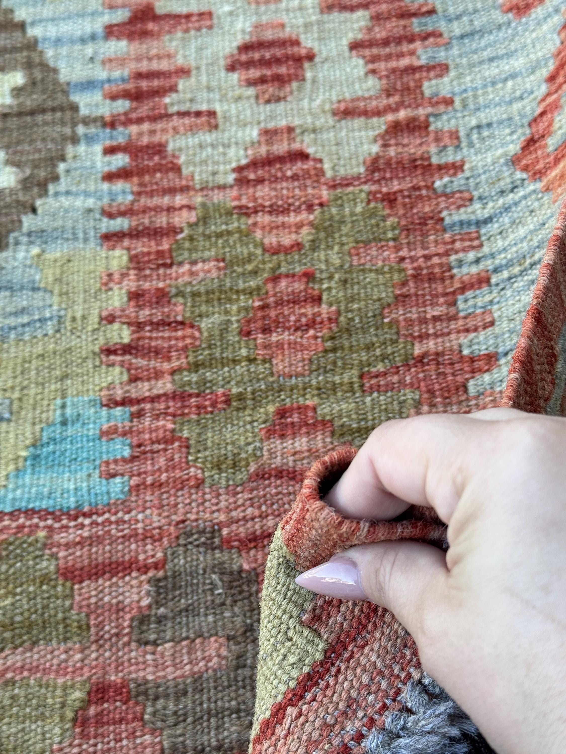 3x5 (91x152) Handmade Afghan Kilim Rug | Coral Rust Burgundy Mustard Olive Green Aqua Teal Sky Blue Beige Cream | Wool Flatwoven