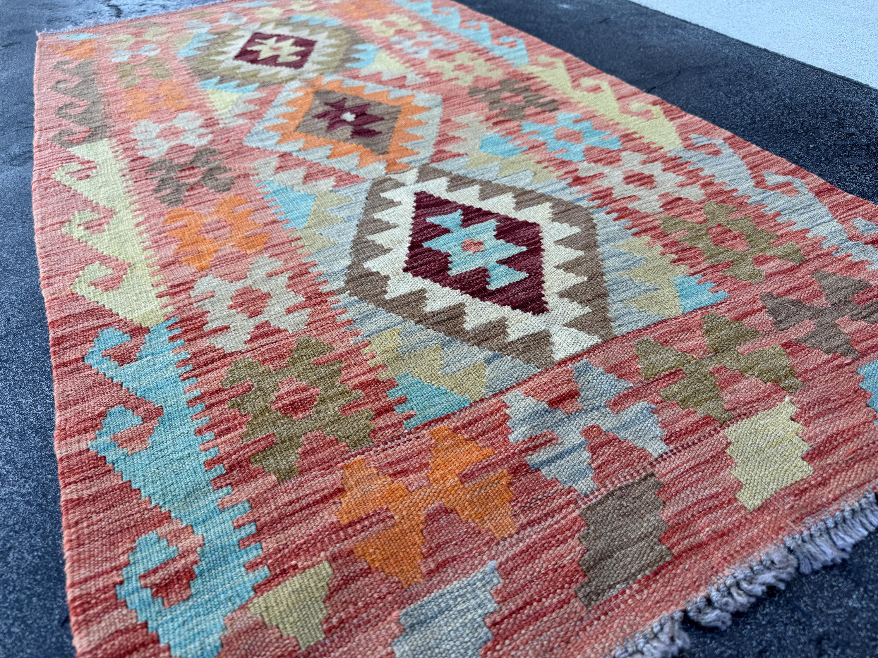 3x5 (91x152) Handmade Afghan Kilim Rug | Coral Rust Burgundy Mustard Olive Green Aqua Teal Sky Blue Beige Cream | Wool Flatwoven