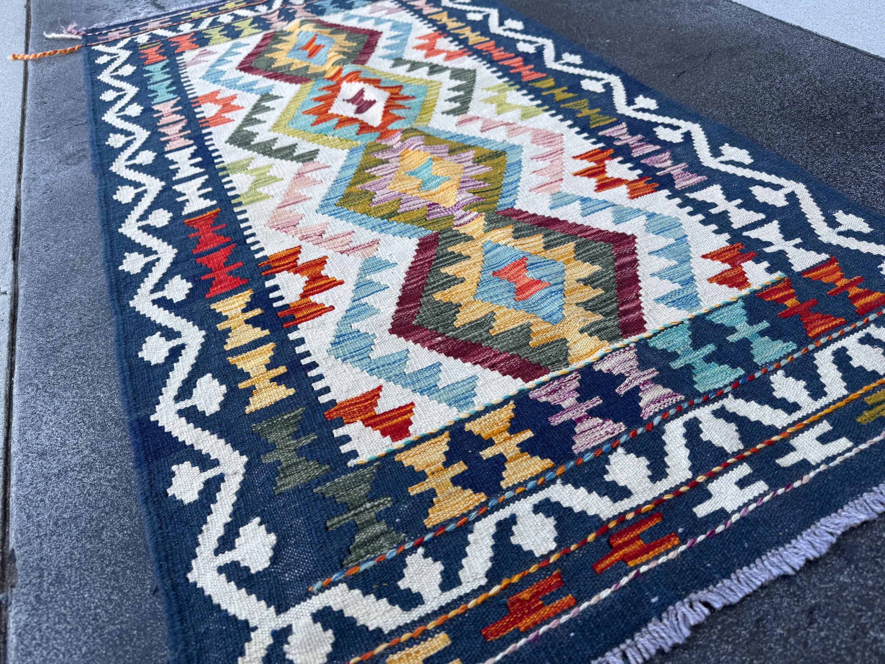 3x5 (91x152) Handmade Afghan Kilim Rug | Navy Blue Cream Burgundy Mauve Olive Green Forest Burnt Orange Rust Teal Aqua Turquoise Charcoal