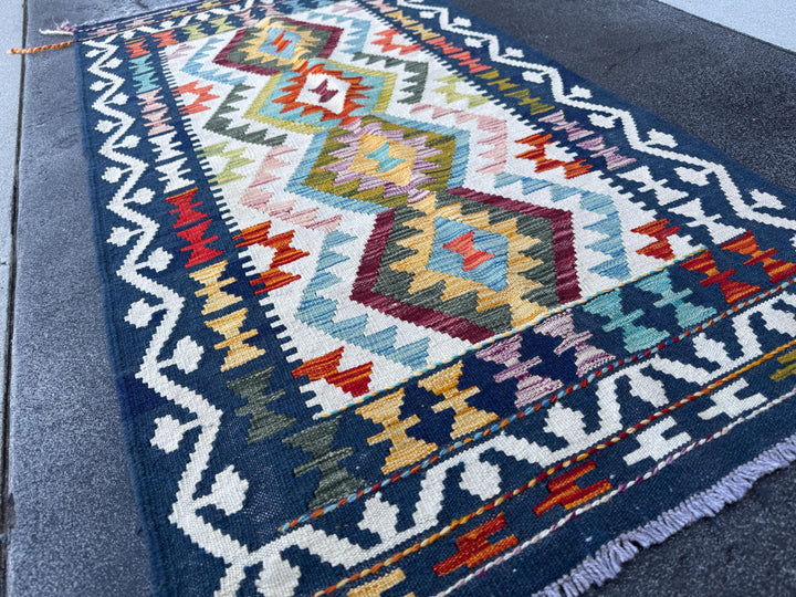 3x5 (91x152) Handmade Afghan Kilim Rug | Navy Blue Cream Burgundy Mauve Olive Green Forest Burnt Orange Rust Teal Aqua Turquoise Charcoal
