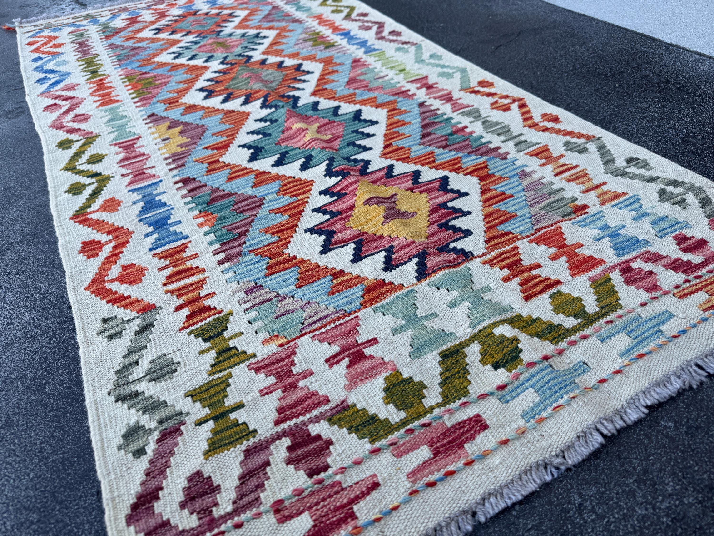 3x5 (91x152) Handmade Afghan Kilim Rug | Cream White Rust Burgundy Olive Green Teal Aqua Turquoise Mustard Yellow Navy Blue Charcoal Grey
