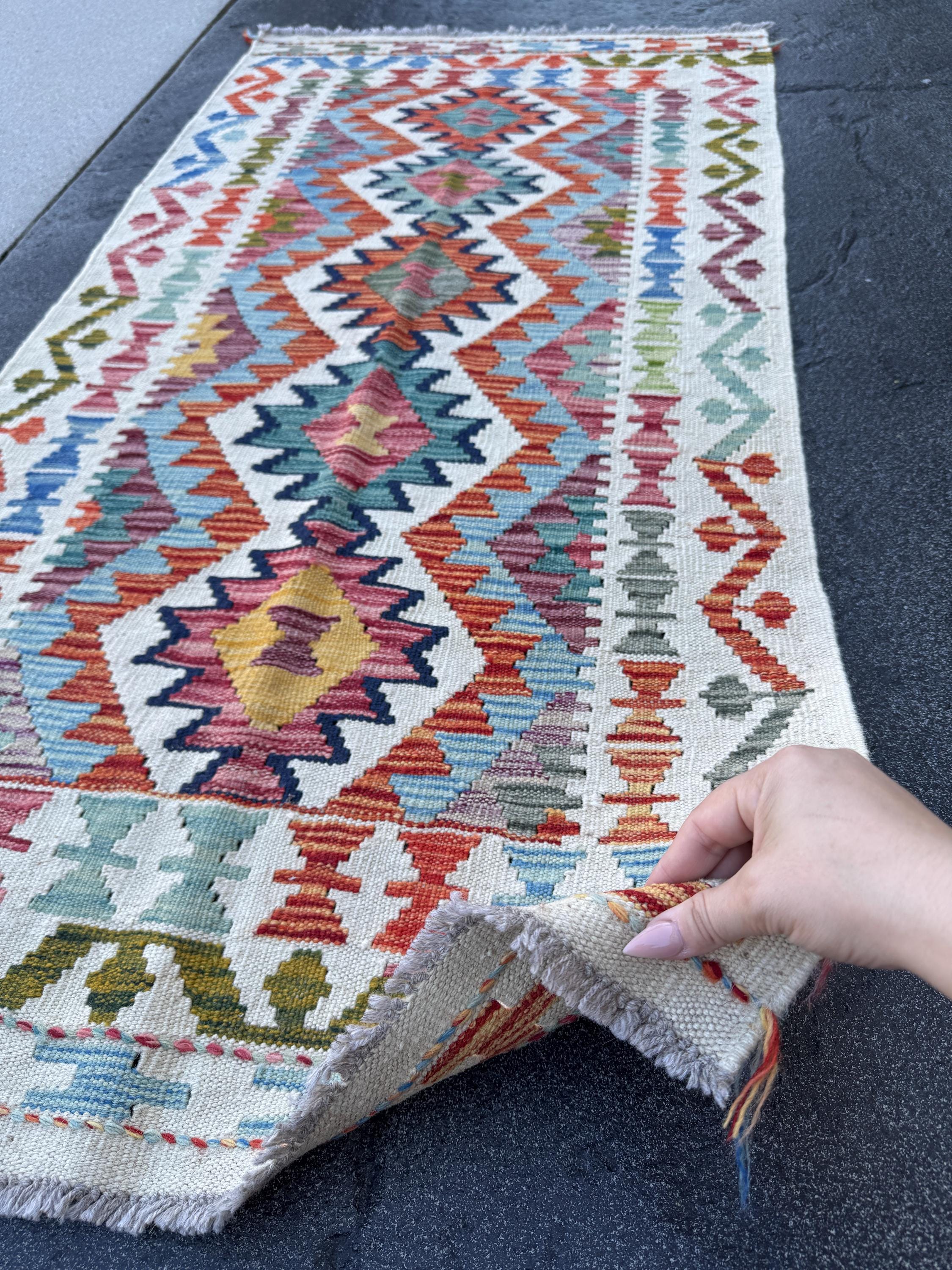 3x5 (91x152) Handmade Afghan Kilim Rug | Cream White Rust Burgundy Olive Green Teal Aqua Turquoise Mustard Yellow Navy Blue Charcoal Grey