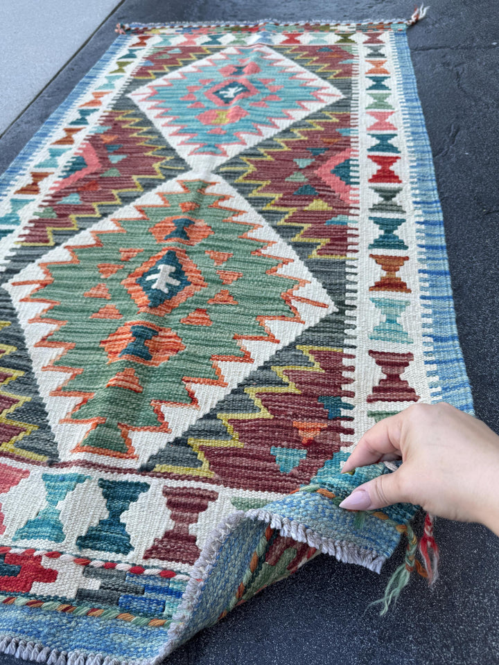 3x5 (91x152) Handmade Afghan Kilim Rug | Olive Green Cream White Burgundy Rust Burnt Orange Aqua Teal Turquoise Navy Blue Charcoal Grey