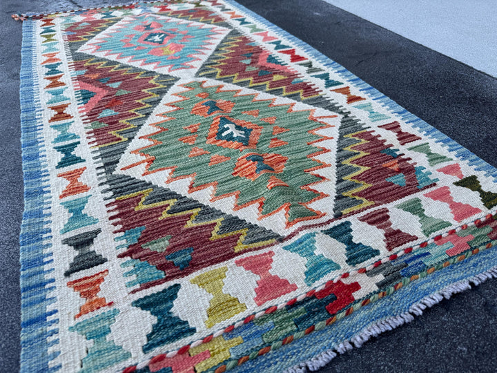 3x5 (91x152) Handmade Afghan Kilim Rug | Olive Green Cream White Burgundy Rust Burnt Orange Aqua Teal Turquoise Navy Blue Charcoal Grey