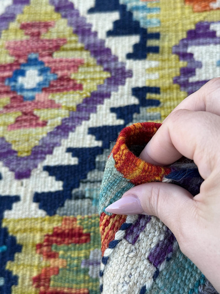 3x5 (91x152) Handmade Afghan Kilim Rug | Olive Green Navy Blue Aqua Turquoise Teal Rust Burnt Orange Mauve Purple Cream White Red | Wool