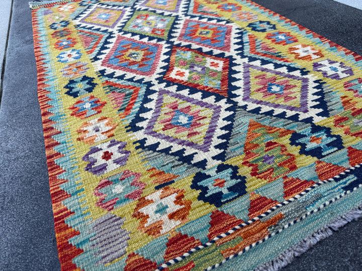 3x5 (91x152) Handmade Afghan Kilim Rug | Olive Green Navy Blue Aqua Turquoise Teal Rust Burnt Orange Mauve Purple Cream White Red | Wool